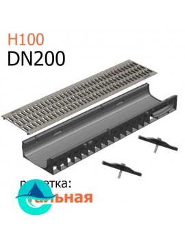 Лоток пластиковый DN200 H100 с решеткой штампованной оцинкованной и крепежом (комплект)